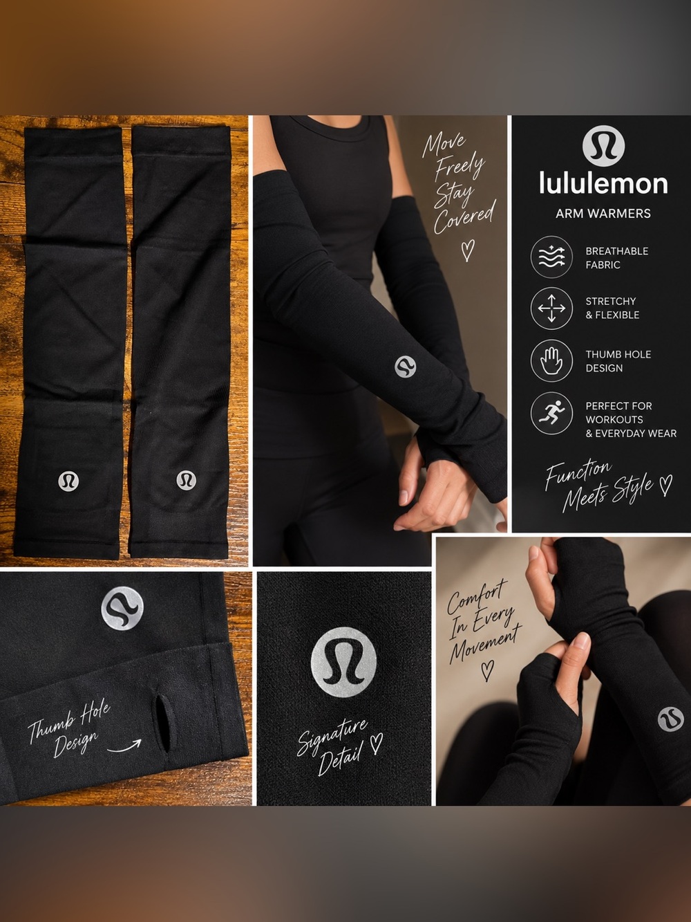 lululemon athletica Black Arm Warmers with Thumb Hole Detail